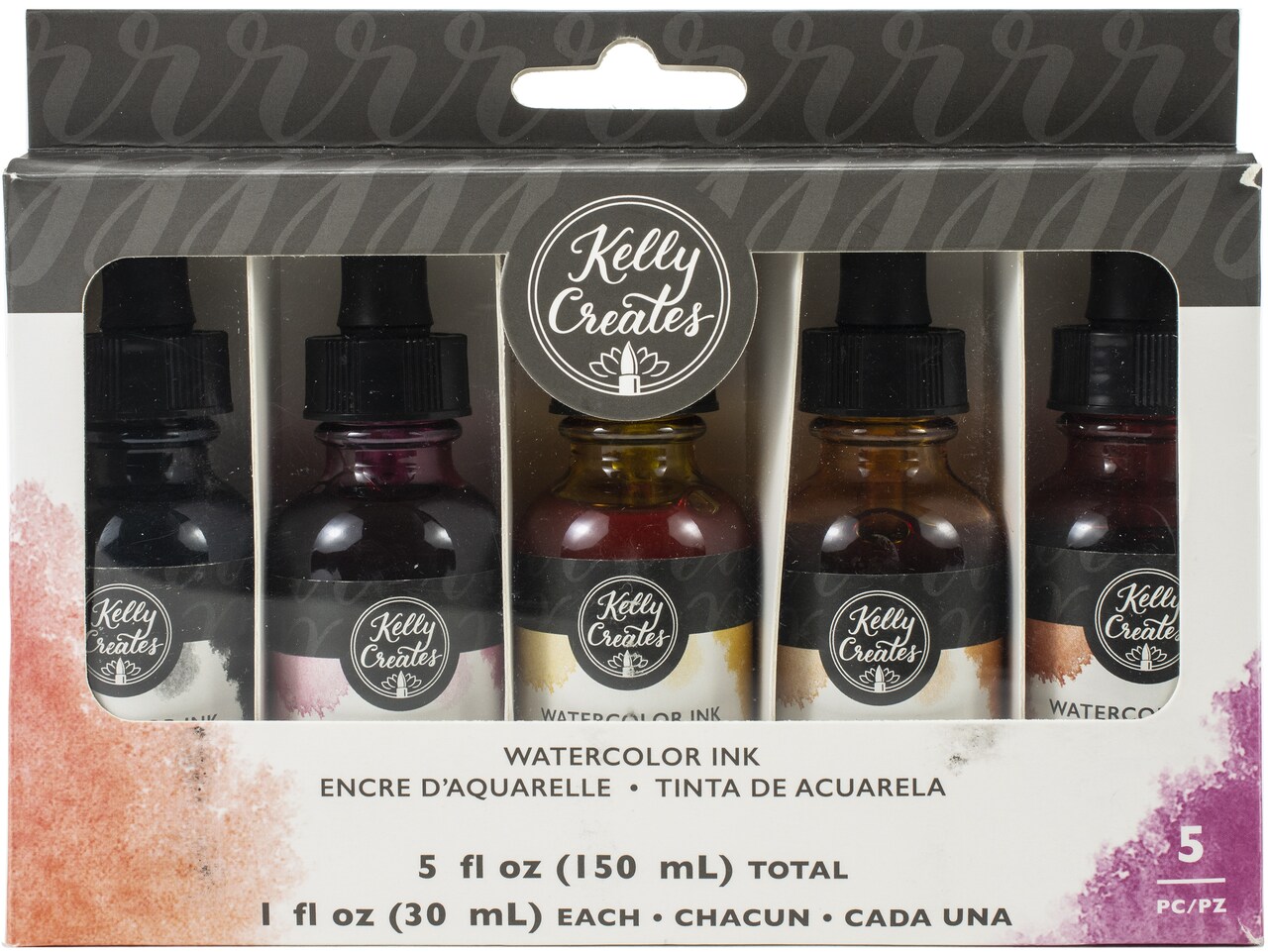 Kelly Creates Liquid Watercolor Set 5/Pkg-Poppy, Orange, Deep Yellow, Rose & Black